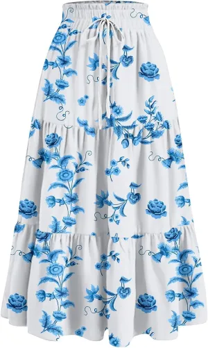 Flower Maxi Skirts for Women Summer Comfy A-Line Flowy Swing Tiered Skirt Trendy Vacation Beach Clothes