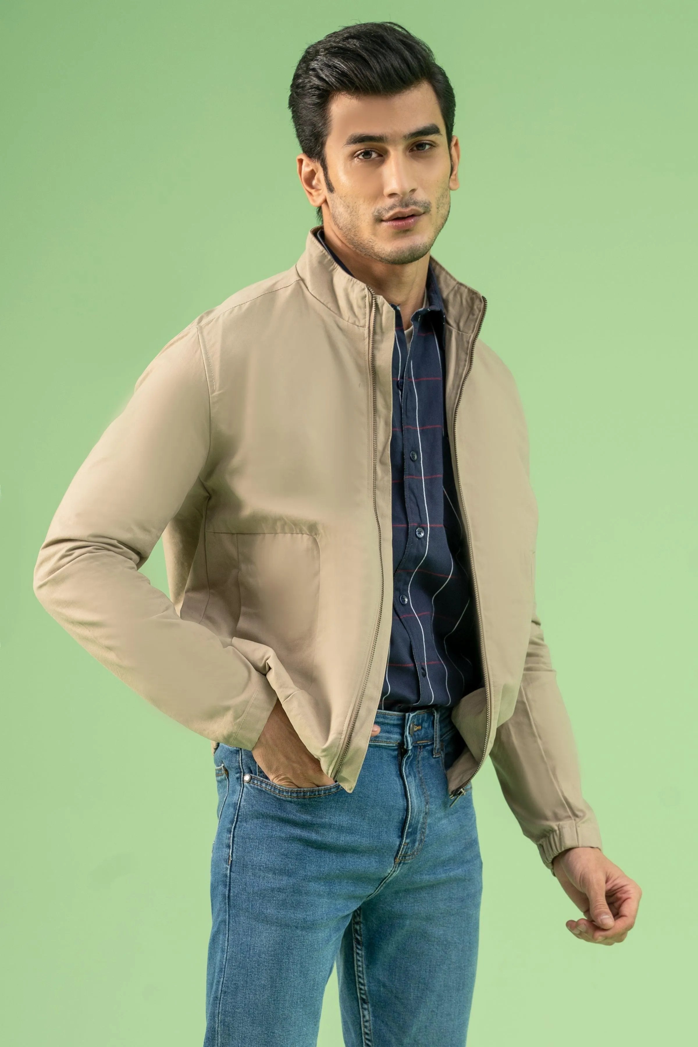 FULL SLEEVE BOTTOM ELASTICATED COTTON JACKET LIGHT KHAKI