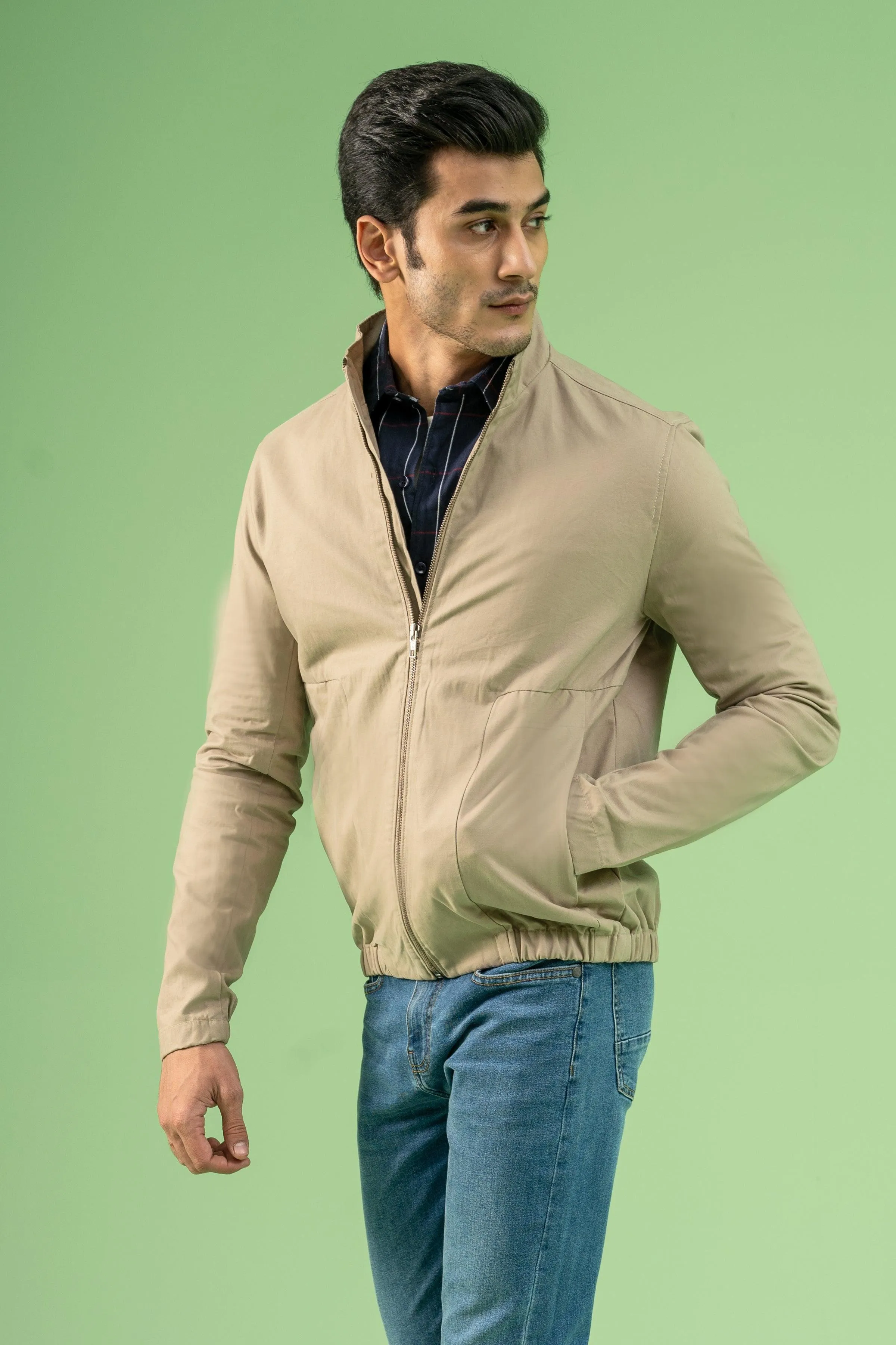 FULL SLEEVE BOTTOM ELASTICATED COTTON JACKET LIGHT KHAKI