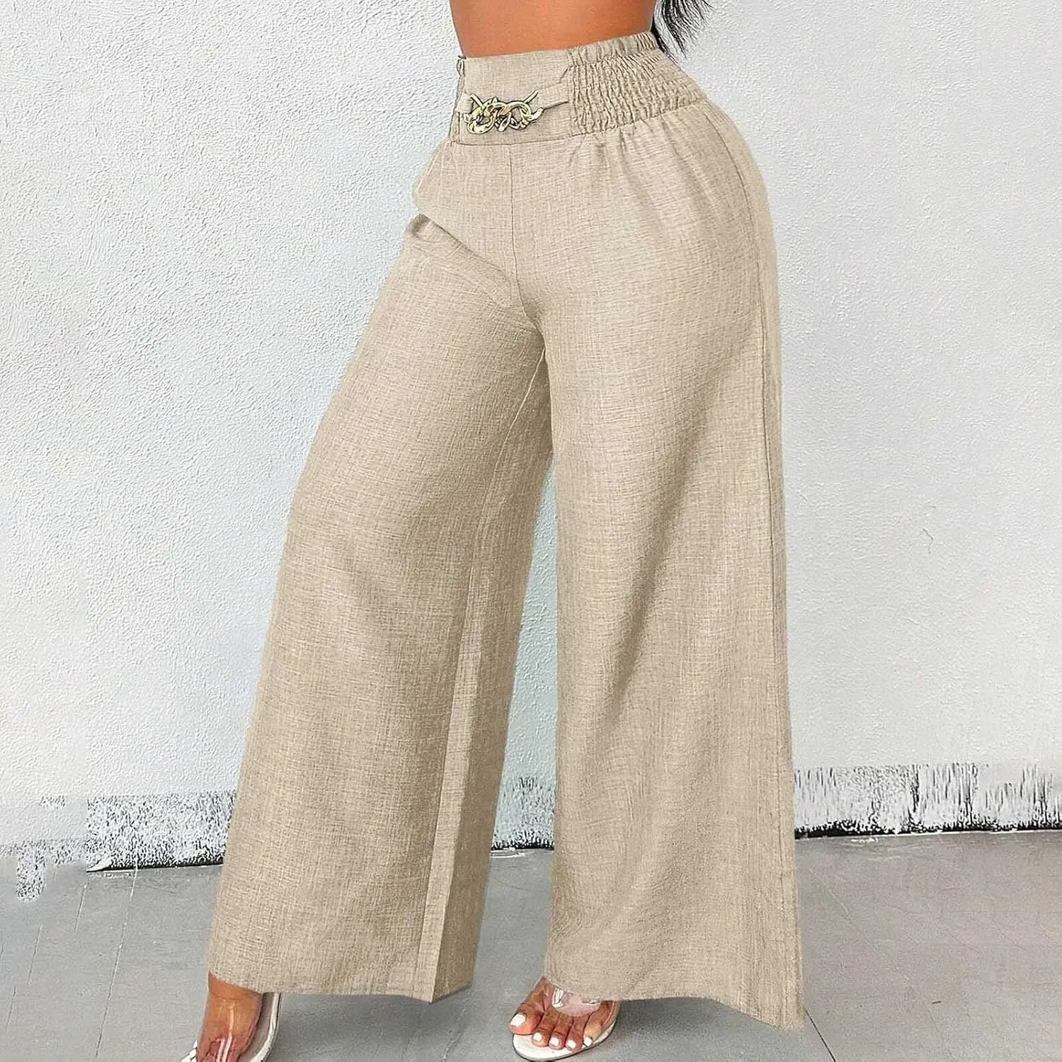 FZVYD Women Baggy Pants Wide Leg Pants Elastic High Waist Pants Retro Office Pants 2025 Summer Cotton Linen Palazzo Trousers