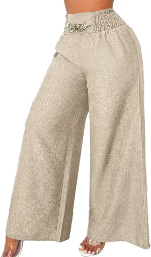 FZVYD Women Baggy Pants Wide Leg Pants Elastic High Waist Pants Retro Office Pants 2025 Summer Cotton Linen Palazzo Trousers