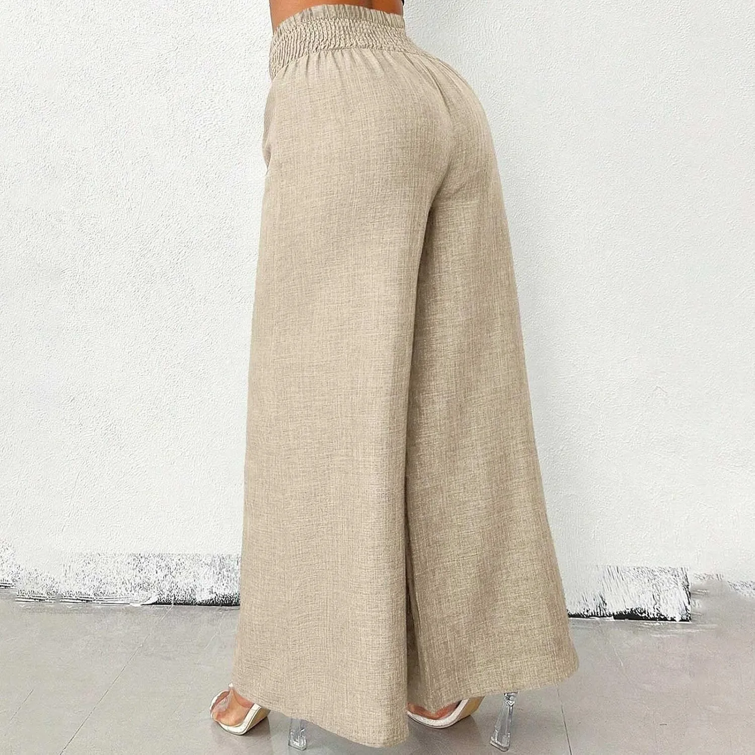 FZVYD Women Baggy Pants Wide Leg Pants Elastic High Waist Pants Retro Office Pants 2025 Summer Cotton Linen Palazzo Trousers