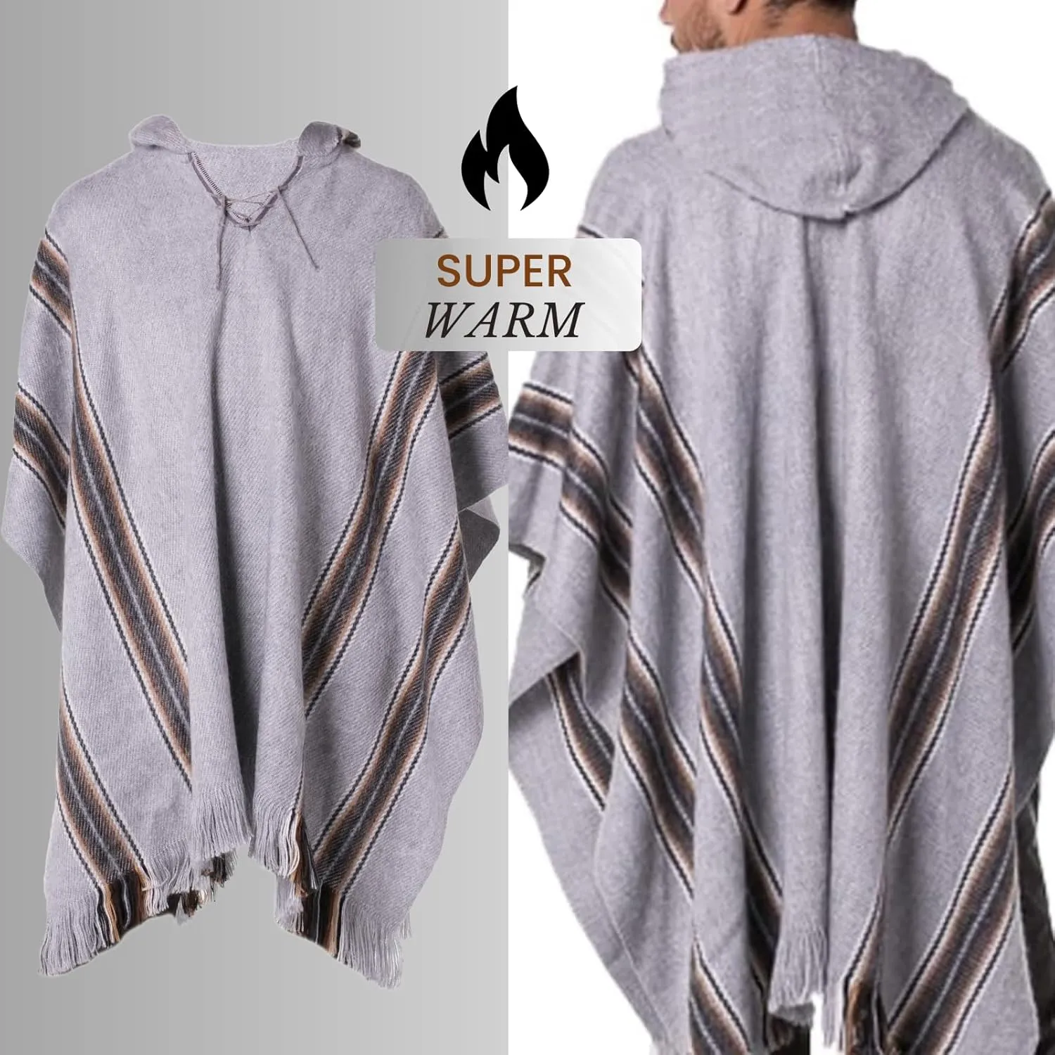 Gamboa Alpaca Poncho for Mens Pancho Mexican Hooded Cowboy and Western Ponchos Adult Blanket
