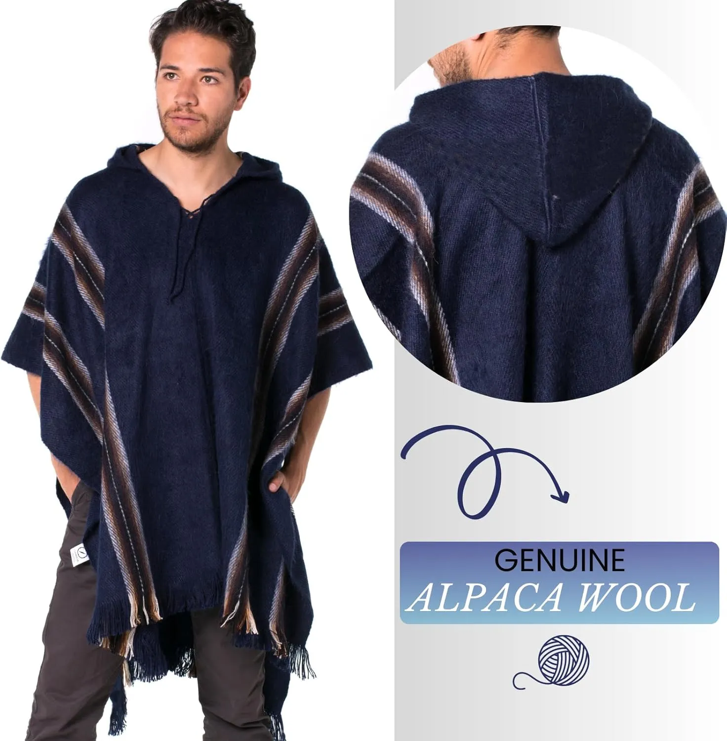 Gamboa Alpaca Poncho for Mens Pancho Mexican Hooded Cowboy and Western Ponchos Adult Blanket
