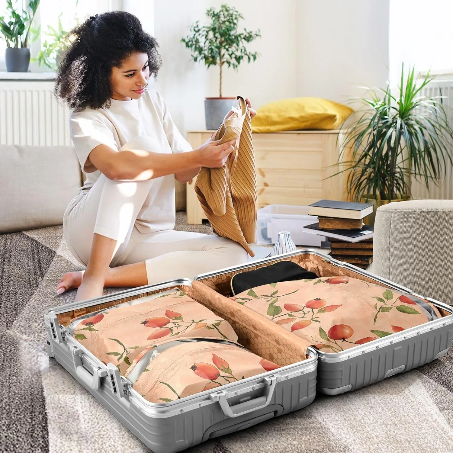 Garment Bag Closet Storage, Luggage Space Saver, Fresh Rose Hip Fruit Terracotta, Waterproof, 3 Set Travel Packing Cubes For Suitcases,Organizadores De Maletas Para