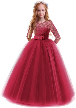 Girls Flower Vintage Floral Lace 3/4 Sleeves Floor Length Dress Wedding Party Evening Formal Pegeant Dance Gown