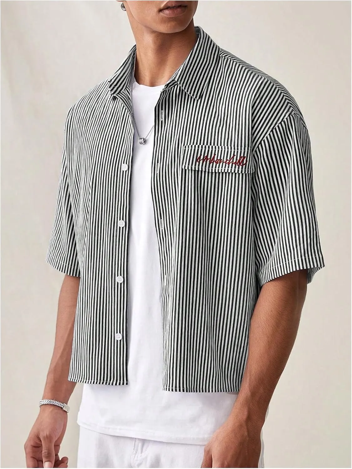 GORGLITTER Men's Striped Crop Letter Graphic Flap Button Down Up Shirt Short Sleeve Collar Top
