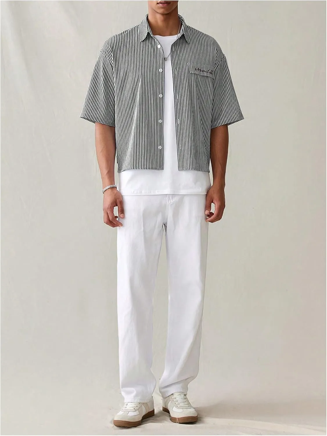 GORGLITTER Men's Striped Crop Letter Graphic Flap Button Down Up Shirt Short Sleeve Collar Top