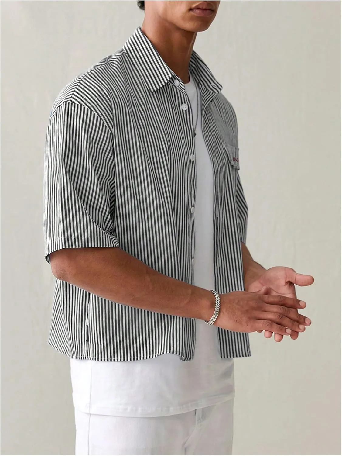 GORGLITTER Men's Striped Crop Letter Graphic Flap Button Down Up Shirt Short Sleeve Collar Top