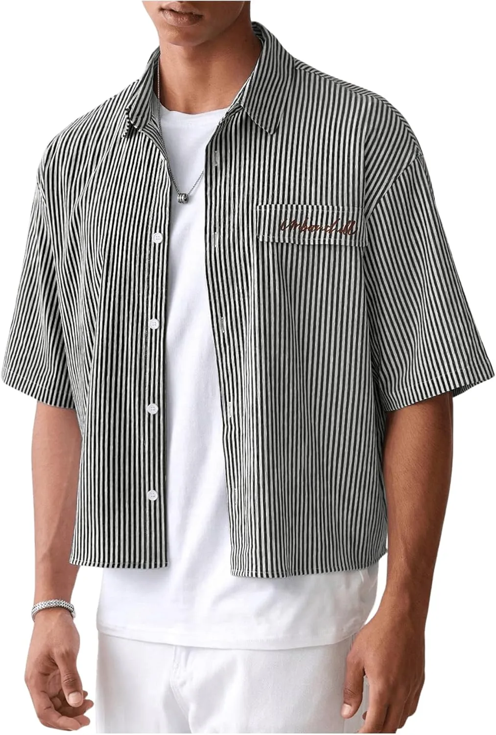 GORGLITTER Men's Striped Crop Letter Graphic Flap Button Down Up Shirt Short Sleeve Collar Top