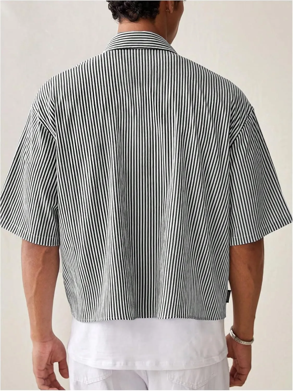 GORGLITTER Men's Striped Crop Letter Graphic Flap Button Down Up Shirt Short Sleeve Collar Top