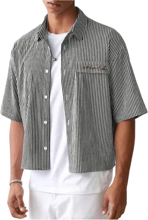 GORGLITTER Men's Striped Crop Letter Graphic Flap Button Down Up Shirt Short Sleeve Collar Top