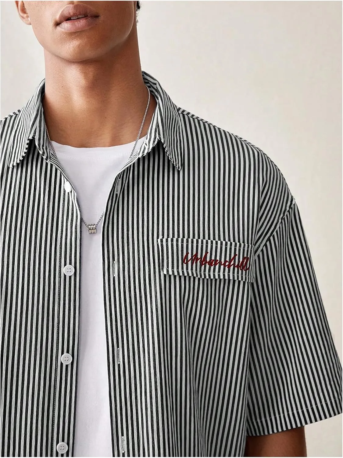 GORGLITTER Men's Striped Crop Letter Graphic Flap Button Down Up Shirt Short Sleeve Collar Top