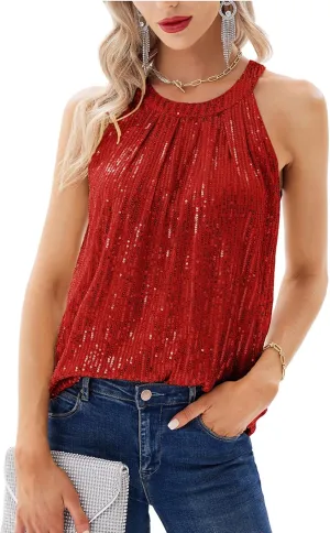 GRACE KARIN Sequin Halter Tops for Women Sleeveless Sparkly Shiny Tank Tops Ruched Flowy Sparkly Club Outfits Party Shirt