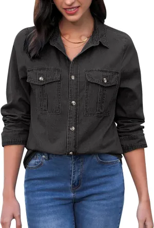 GRAPENT Denim Button Down Shirts for Women Long Sleeve Western Top Casual Cotton Relaxed Fit Jean Shirt Jacket Shacket