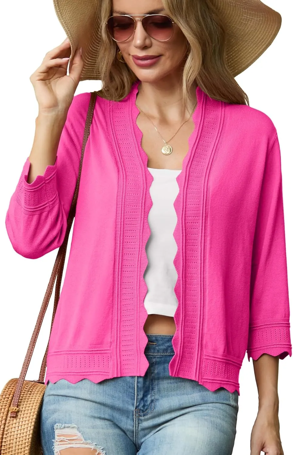 GRECERELLE Women's 2025 3/4 Sleeve Light Weight Summer Knit Loose Casual Cropped Cardigan Shrugs Sweater