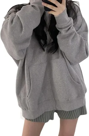 Grunge Jacket Women Fairy Zip Up Fleece Hoodie Y2k Vintage Oversized Long Sleeve Goth Sweatshirt Harajuku Streetwear