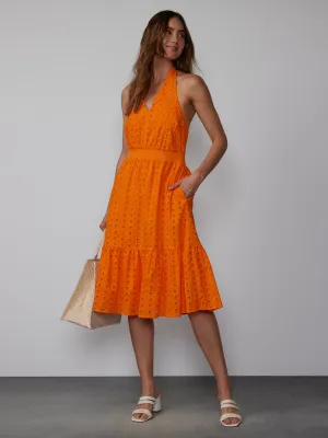 Halter Neck Eyelet Smocked Back Midi Dress