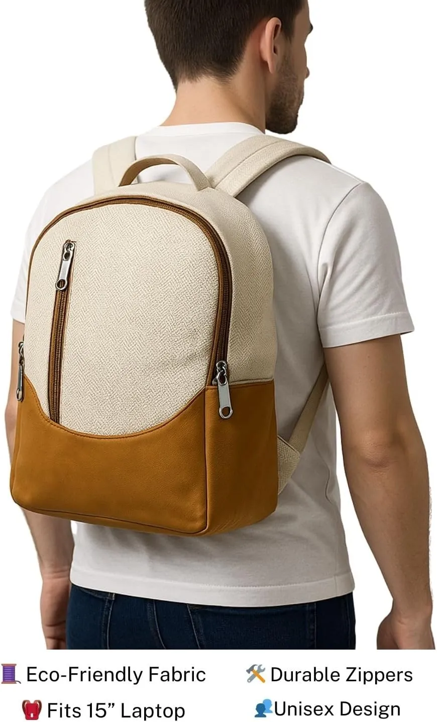 Handmade Canvas Backpack for Women & Men  Travel, Hiking, Boho Daypack with Leather Accents-Tan Minimalist