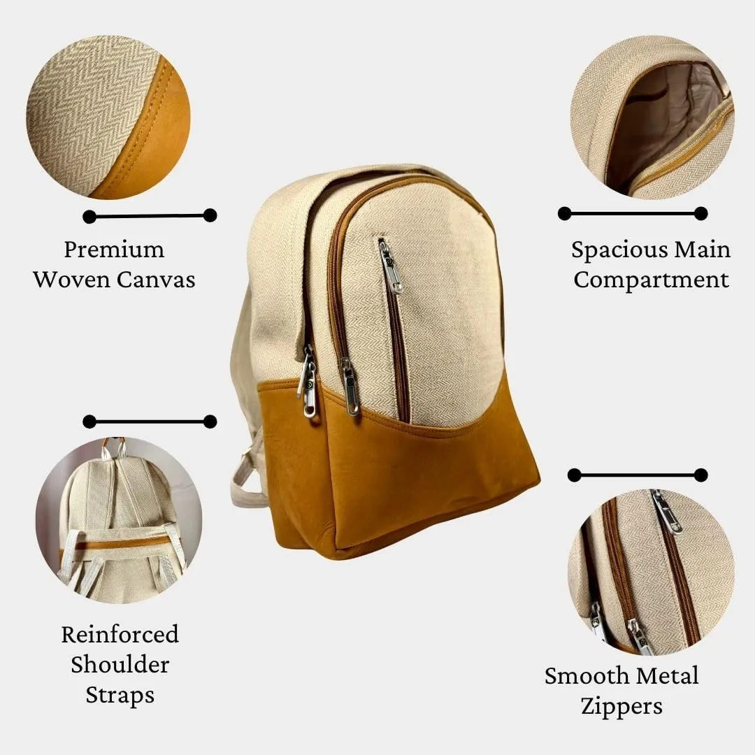 Handmade Canvas Backpack for Women & Men  Travel, Hiking, Boho Daypack with Leather Accents-Tan Minimalist