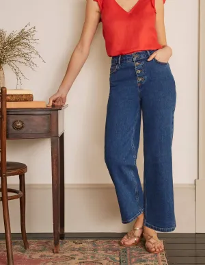 Horn Button Wide Leg Jeans-Mid Vintage Denim