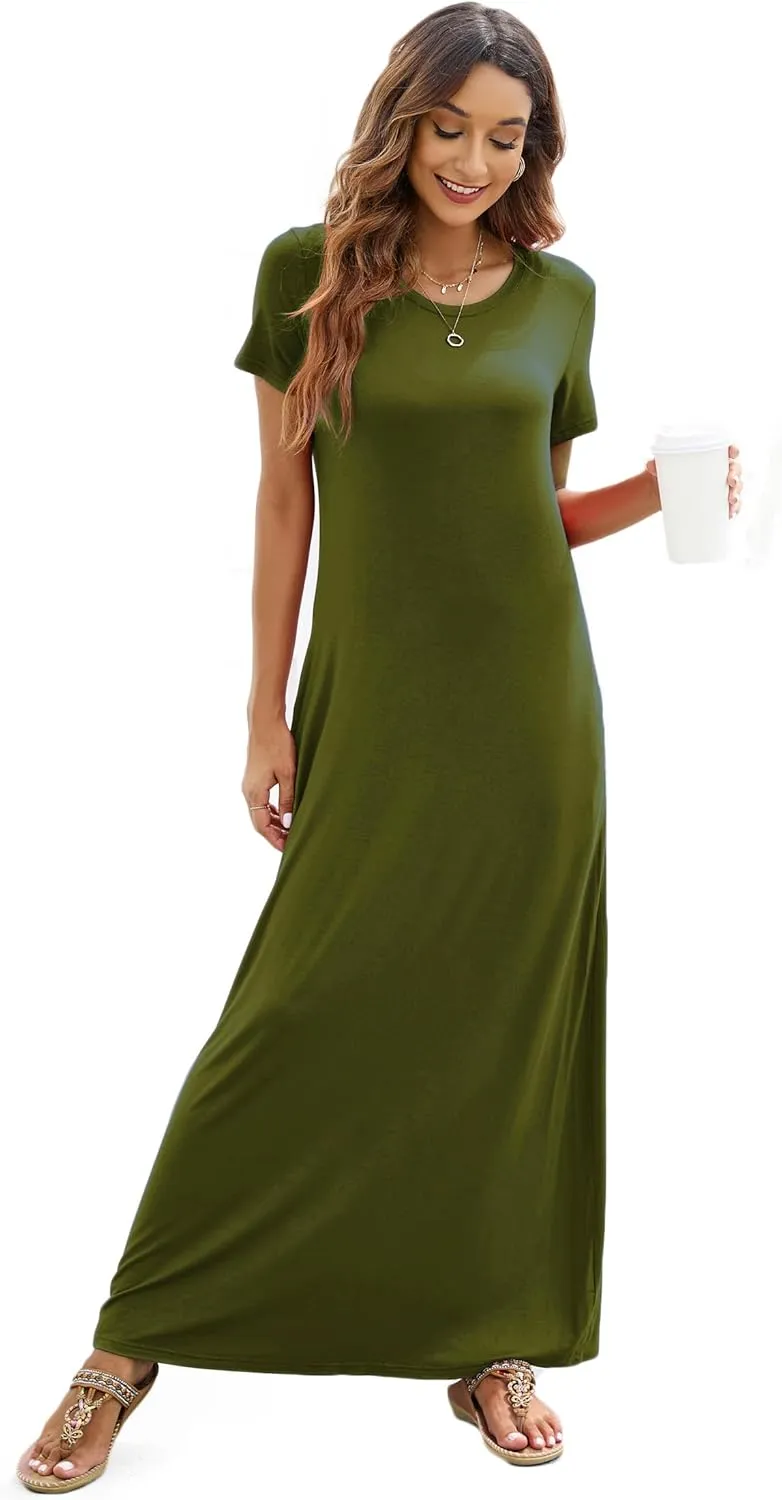 Hount Women's Summer Short Sleeve Maxi Dresses Casual 2025 Loose Beach Sundresses Tshirt Dresses with Pockets