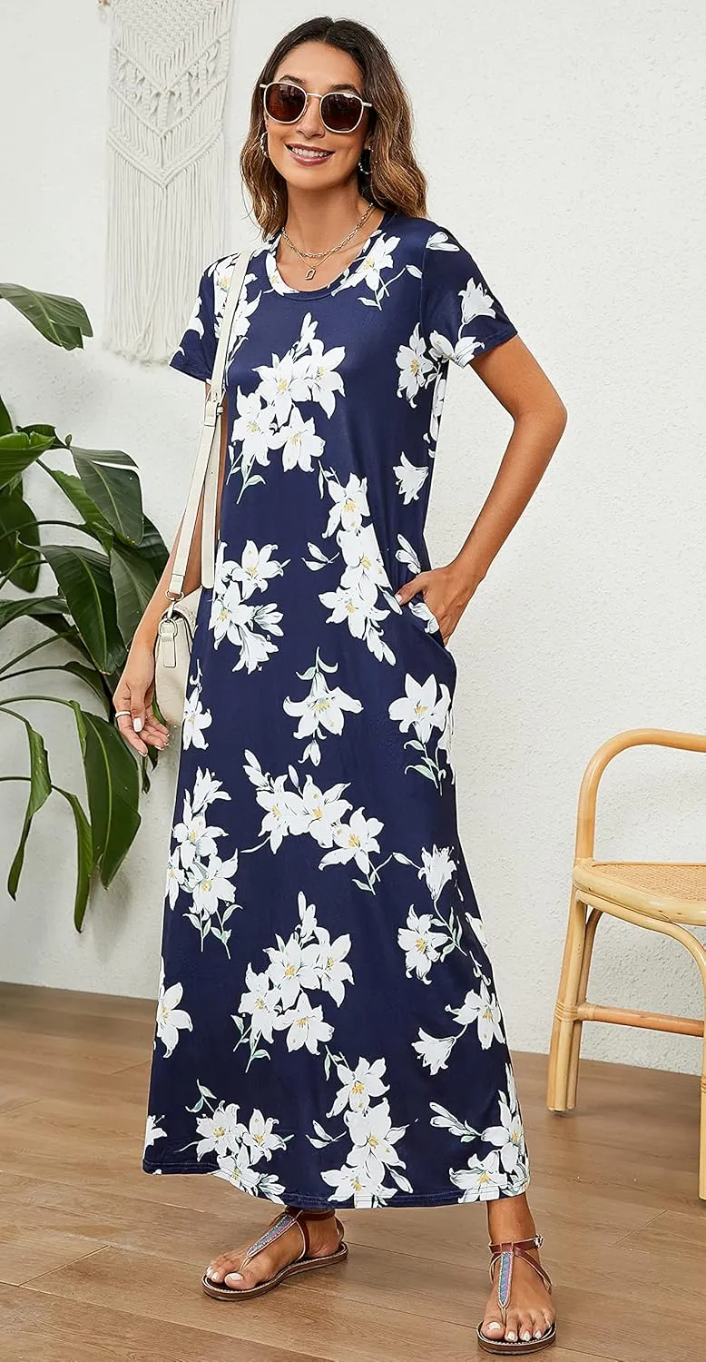 Hount Women's Summer Short Sleeve Maxi Dresses Casual 2025 Loose Beach Sundresses Tshirt Dresses with Pockets