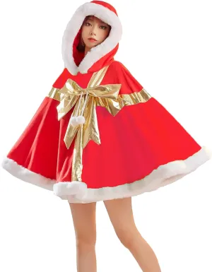 IMISSILLEB Christmas Costumes for Women Adult Plus Size Present Poncho Cloak Cape with Fur Trim Funny Gift Box Hooded Jacket