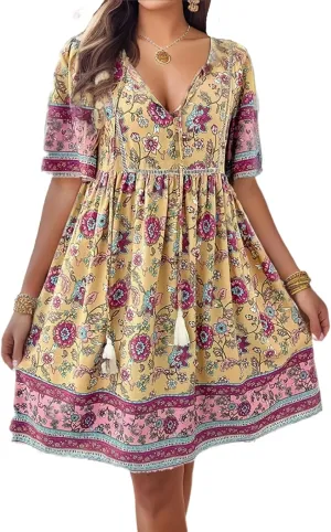 IVERIRMIN Women's Boho Floral Print Short Dress Casual Bohemian V Neck Short Sleeve Beach Vacation Mini Dresses