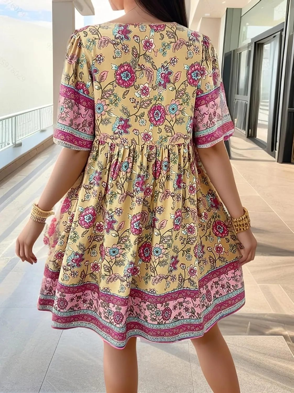 IVERIRMIN Women's Boho Floral Print Short Dress Casual Bohemian V Neck Short Sleeve Beach Vacation Mini Dresses