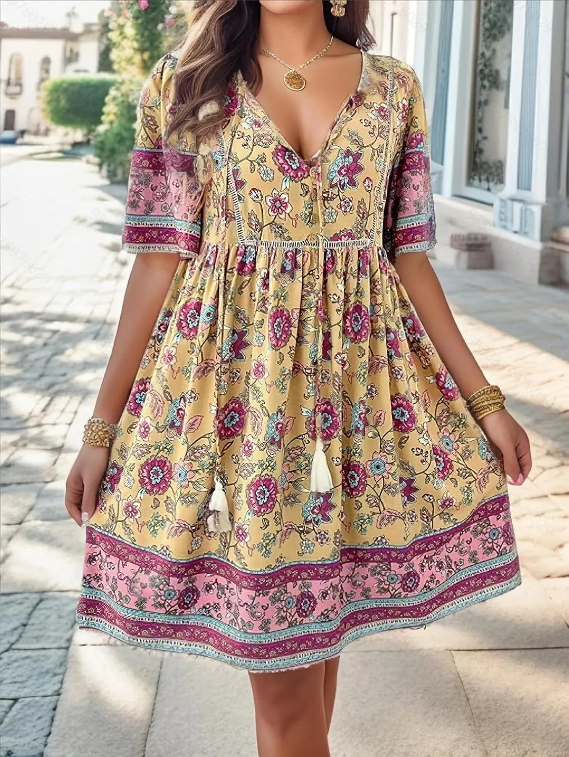 IVERIRMIN Women's Boho Floral Print Short Dress Casual Bohemian V Neck Short Sleeve Beach Vacation Mini Dresses
