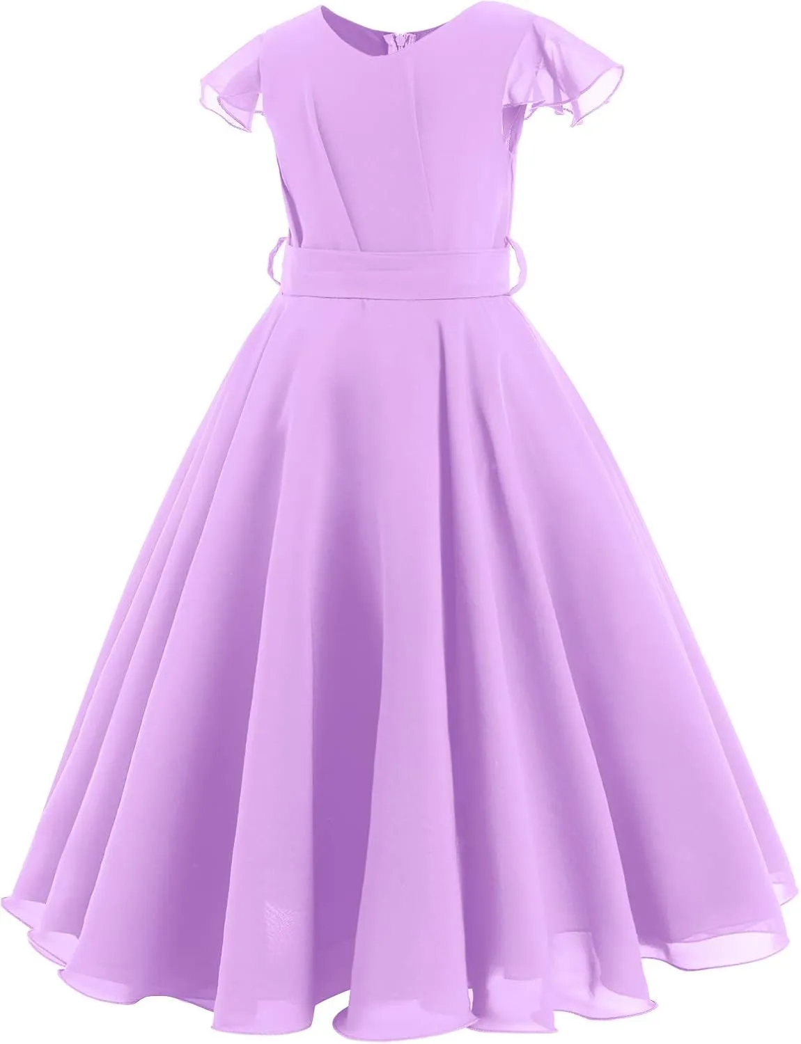 IWEMEK Chiffon Flower Girl Dresses Cap Sleeves Long Dress Wedding Pageant Bridesmaid Ball Gowns Floor Length Dress with Belt
