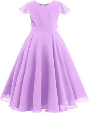 IWEMEK Chiffon Flower Girl Dresses Cap Sleeves Long Dress Wedding Pageant Bridesmaid Ball Gowns Floor Length Dress with Belt