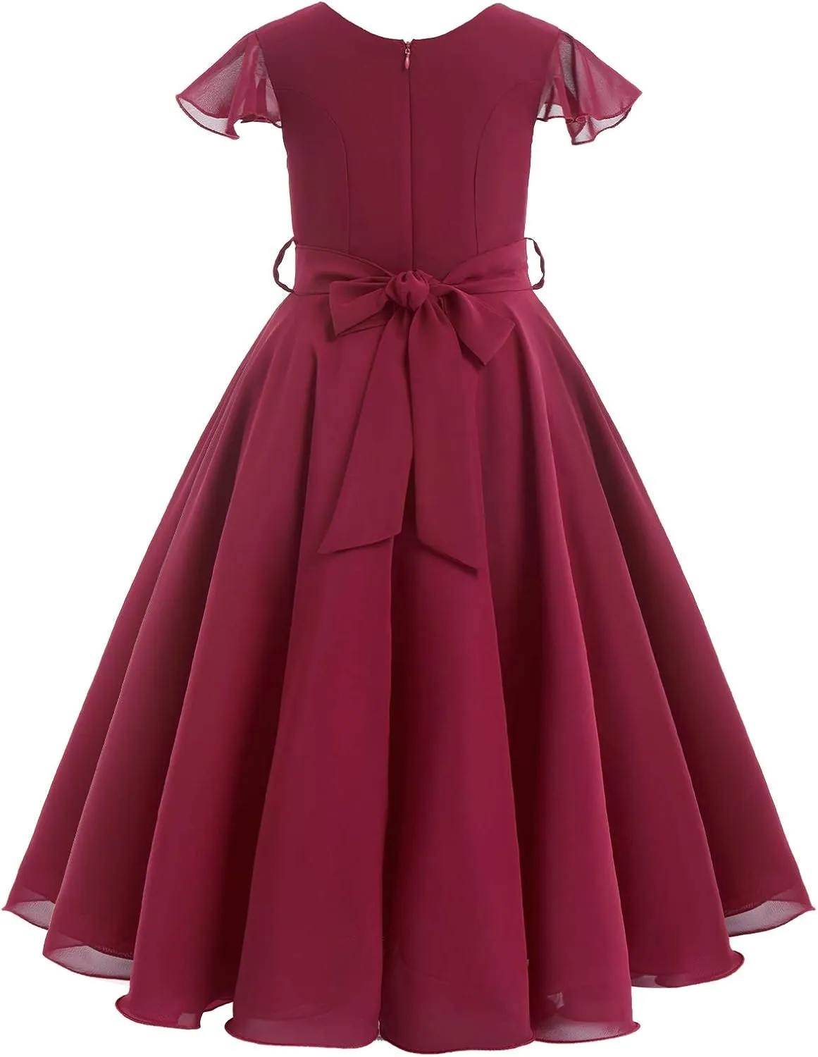 IWEMEK Chiffon Flower Girl Dresses Cap Sleeves Long Dress Wedding Pageant Bridesmaid Ball Gowns Floor Length Dress with Belt
