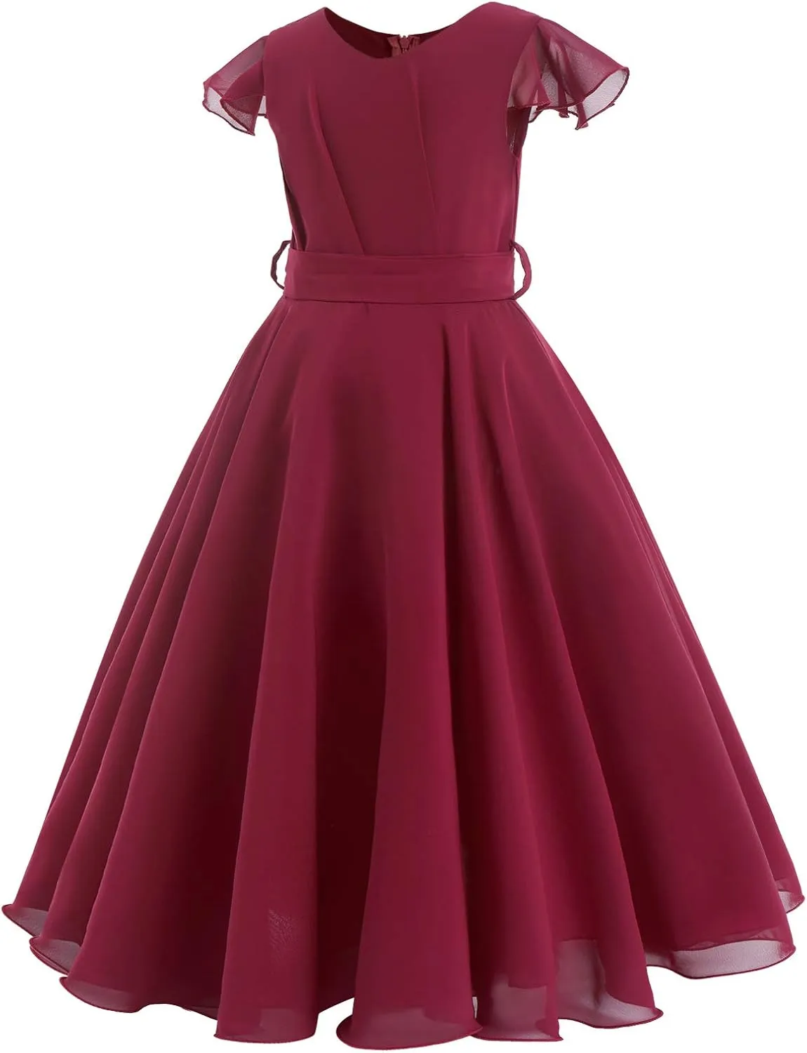 IWEMEK Chiffon Flower Girl Dresses Cap Sleeves Long Dress Wedding Pageant Bridesmaid Ball Gowns Floor Length Dress with Belt