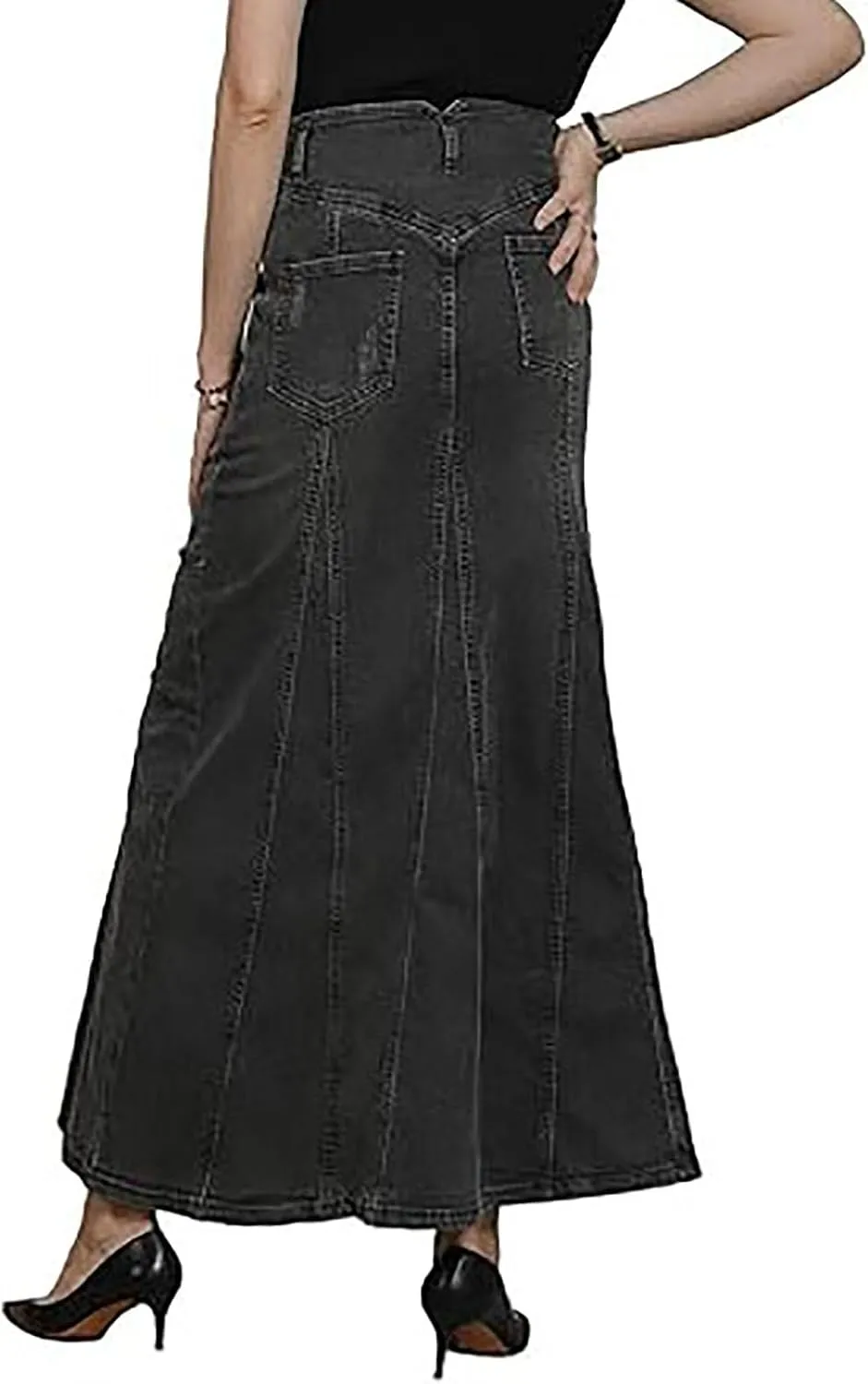 Jean Skirts for Women Denim Retro Exposure Button Fly High Rise A Line Maxi Skirt Ruffle Swing Packaged Hip Skirts