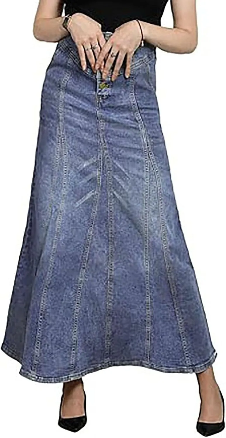 Jean Skirts for Women Denim Retro Exposure Button Fly High Rise A Line Maxi Skirt Ruffle Swing Packaged Hip Skirts