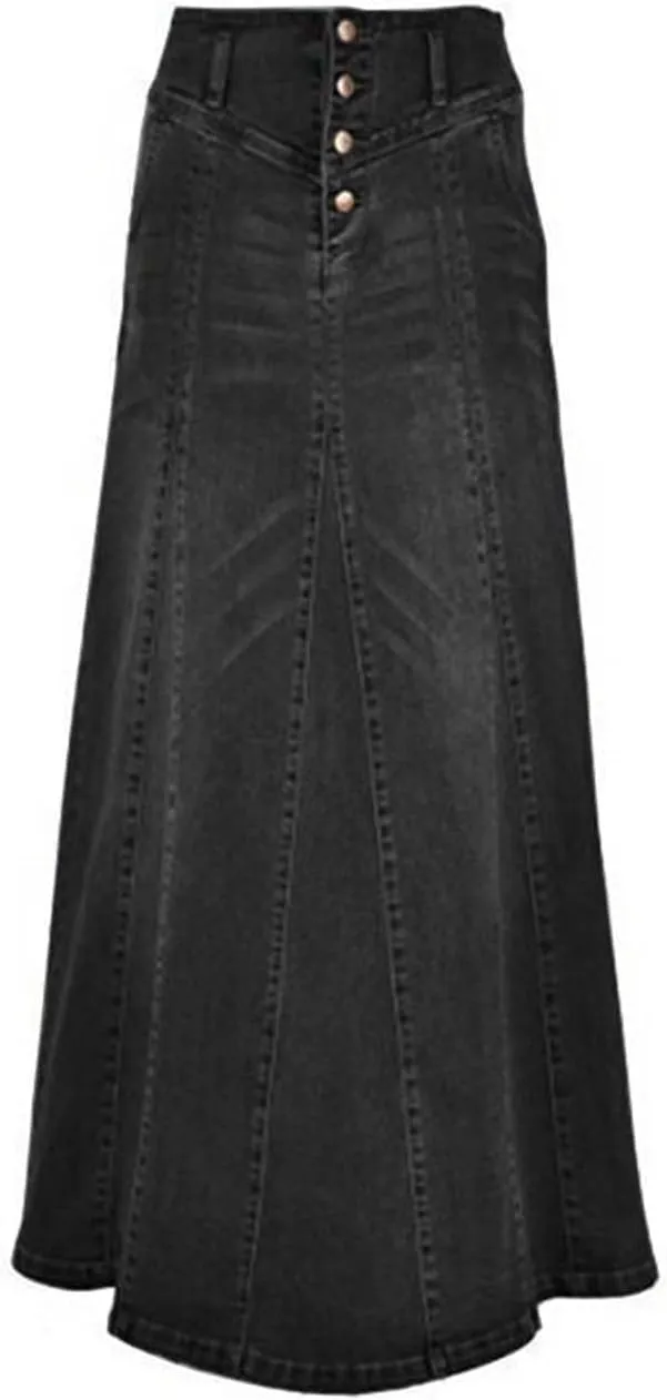 Jean Skirts for Women Denim Retro Exposure Button Fly High Rise A Line Maxi Skirt Ruffle Swing Packaged Hip Skirts