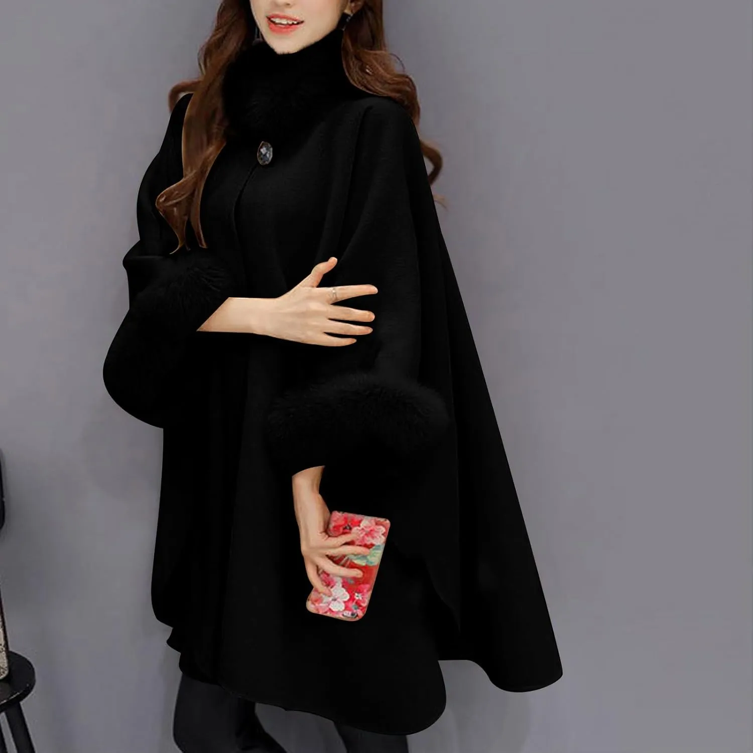 JOAU Women Winter Fashion Faux Fur Trim Shawl Loose Poncho Open Front Cardigan Warm Cape Wool Coats Cloak for Evening Dress