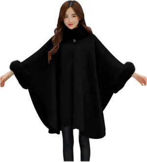JOAU Women Winter Fashion Faux Fur Trim Shawl Loose Poncho Open Front Cardigan Warm Cape Wool Coats Cloak for Evening Dress