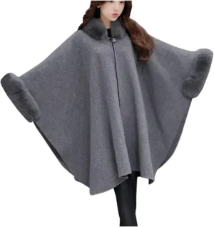 JOAU Women Winter Fashion Faux Fur Trim Shawl Loose Poncho Open Front Cardigan Warm Cape Wool Coats Cloak for Evening Dress