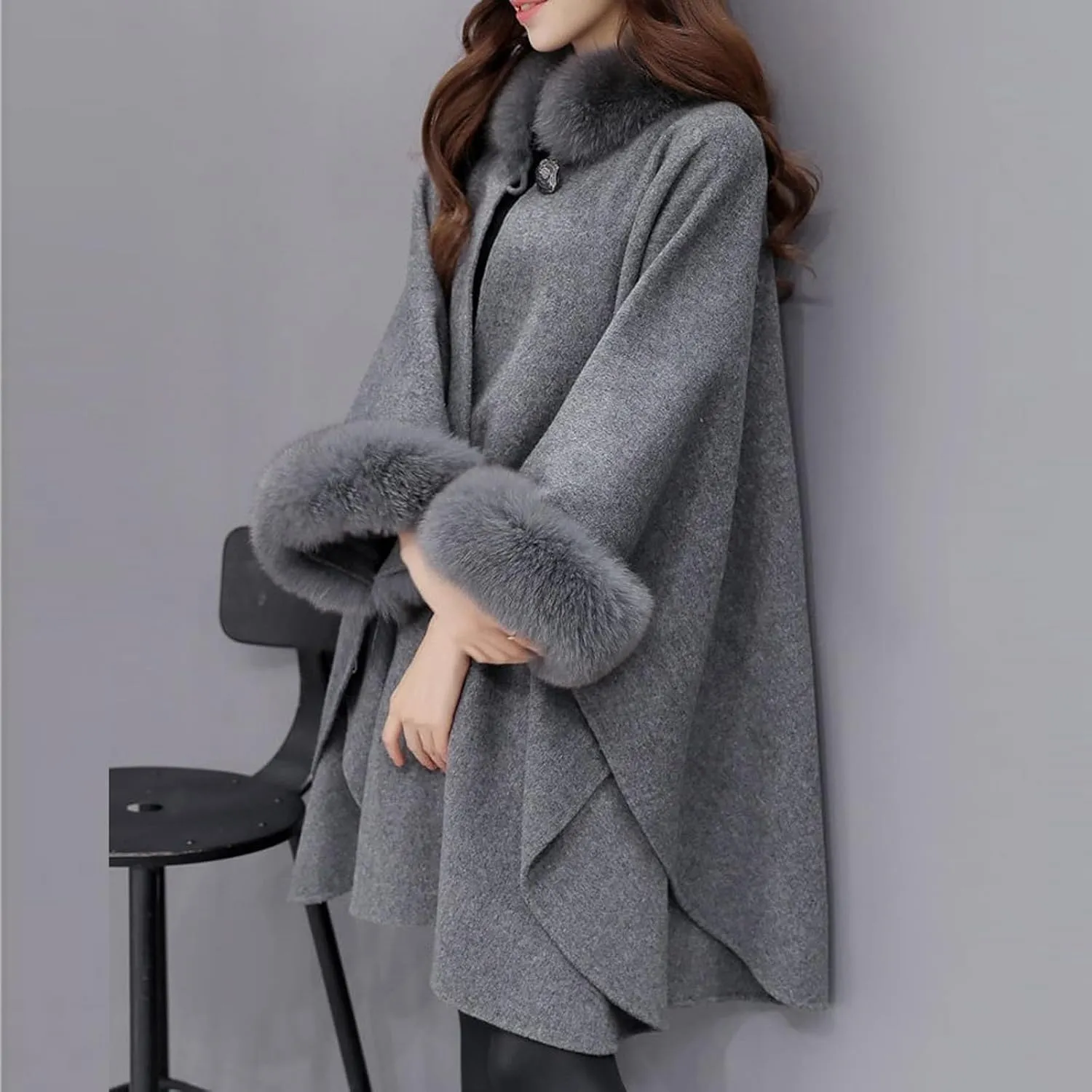 JOAU Women Winter Fashion Faux Fur Trim Shawl Loose Poncho Open Front Cardigan Warm Cape Wool Coats Cloak for Evening Dress