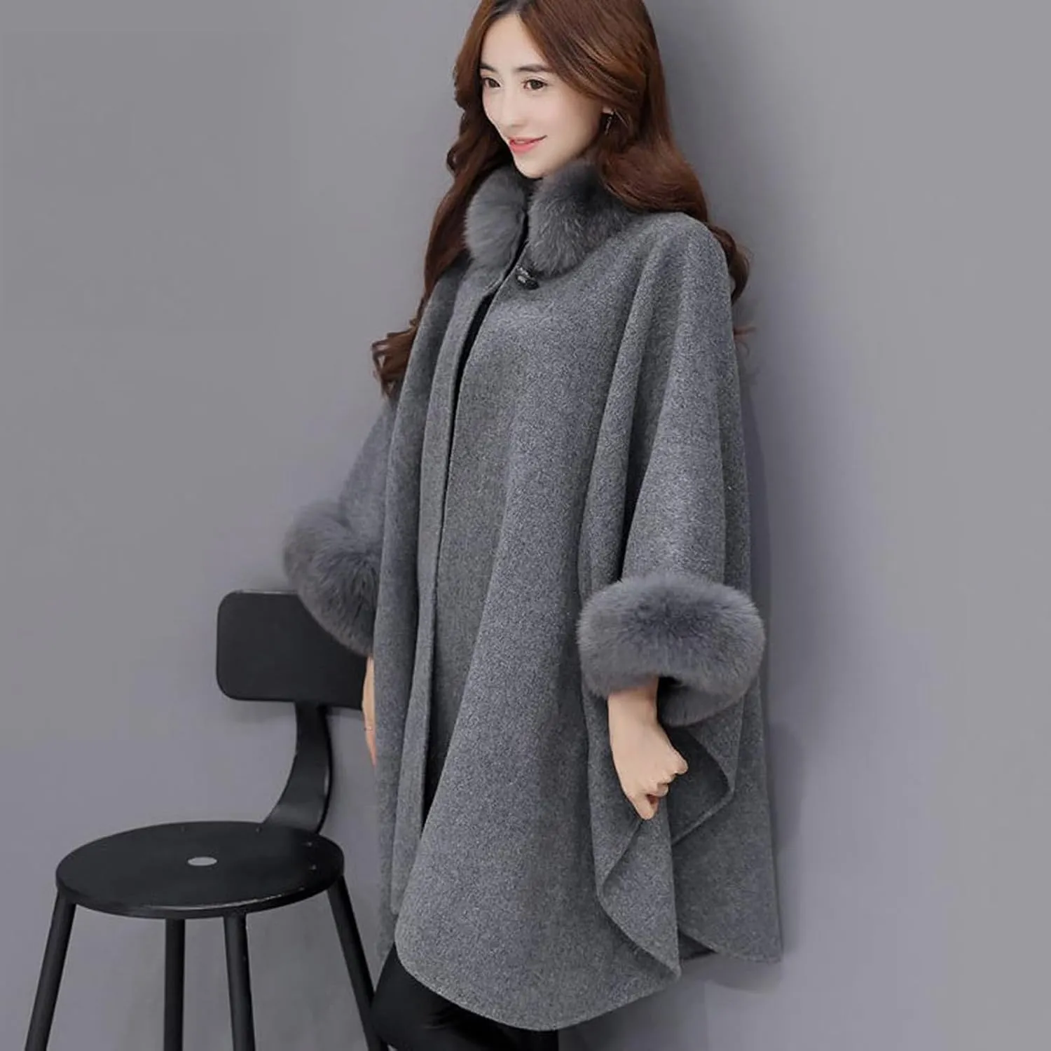 JOAU Women Winter Fashion Faux Fur Trim Shawl Loose Poncho Open Front Cardigan Warm Cape Wool Coats Cloak for Evening Dress