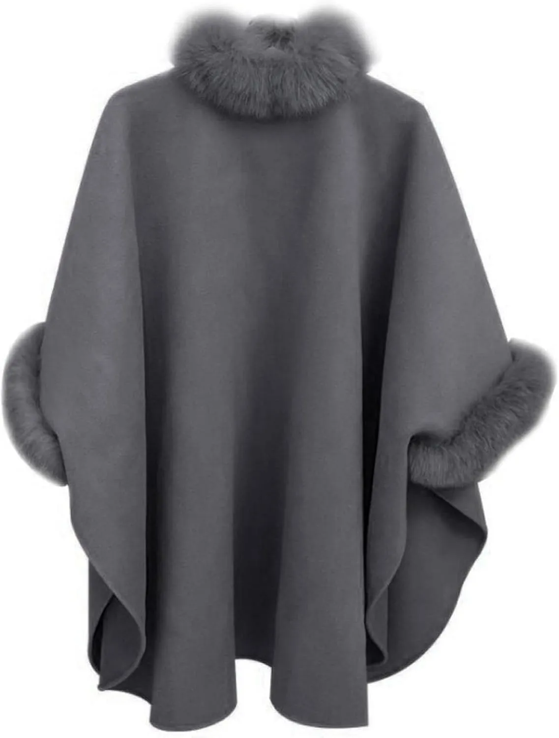 JOAU Women Winter Fashion Faux Fur Trim Shawl Loose Poncho Open Front Cardigan Warm Cape Wool Coats Cloak for Evening Dress