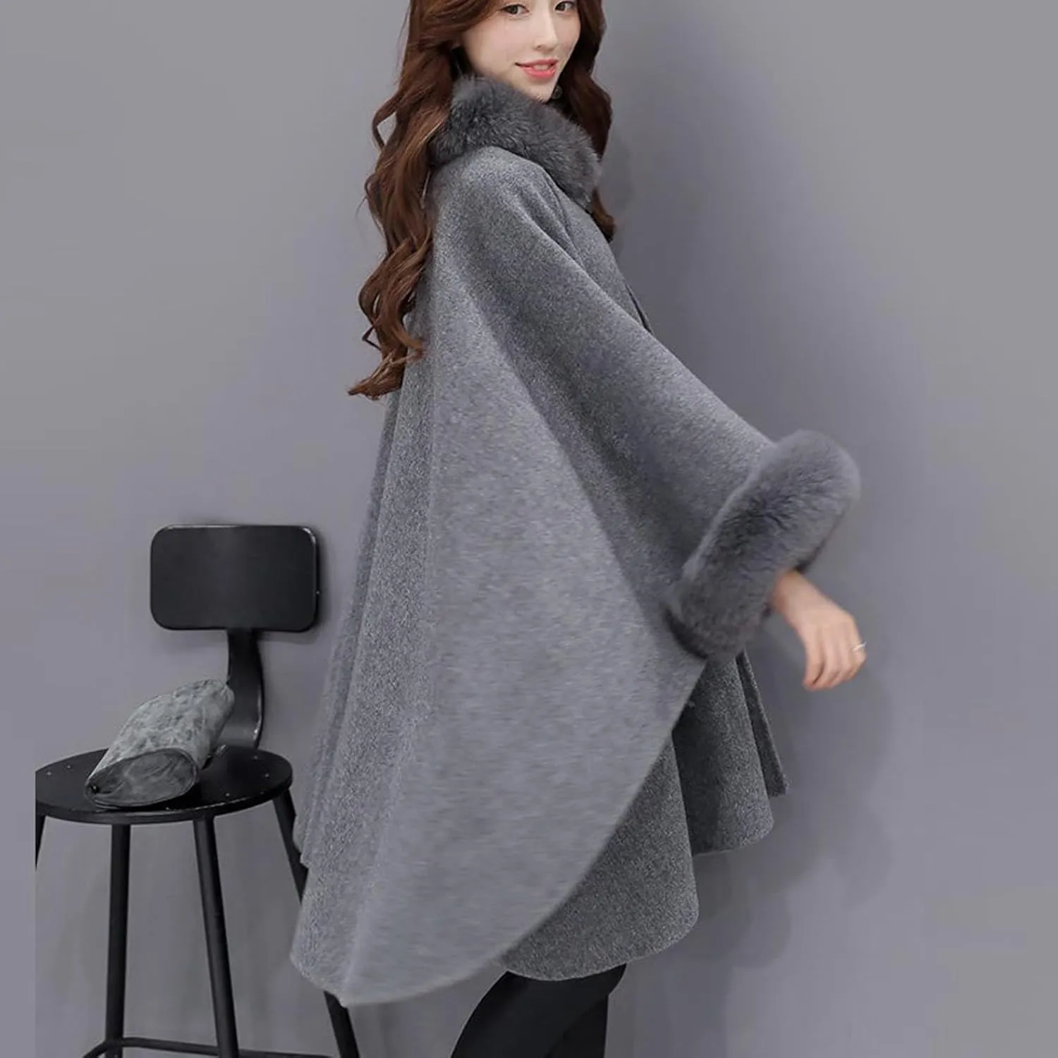 JOAU Women Winter Fashion Faux Fur Trim Shawl Loose Poncho Open Front Cardigan Warm Cape Wool Coats Cloak for Evening Dress