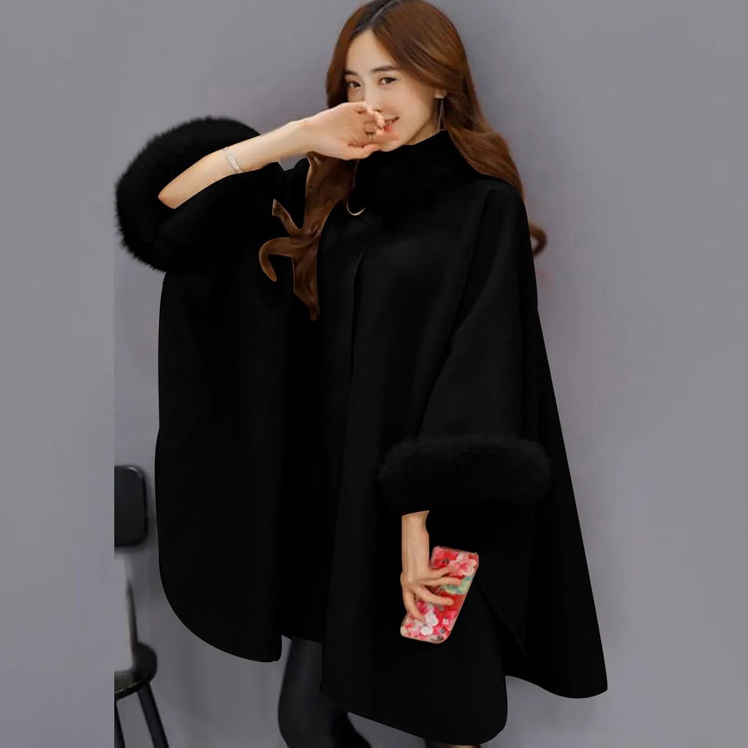 JOAU Women Winter Fashion Faux Fur Trim Shawl Loose Poncho Open Front Cardigan Warm Cape Wool Coats Cloak for Evening Dress
