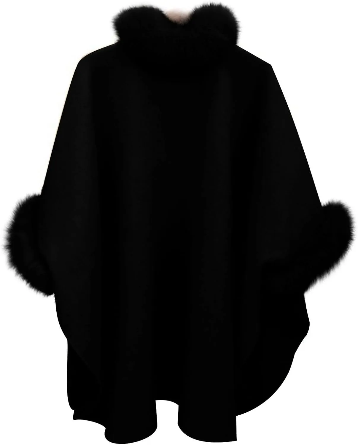 JOAU Women Winter Fashion Faux Fur Trim Shawl Loose Poncho Open Front Cardigan Warm Cape Wool Coats Cloak for Evening Dress