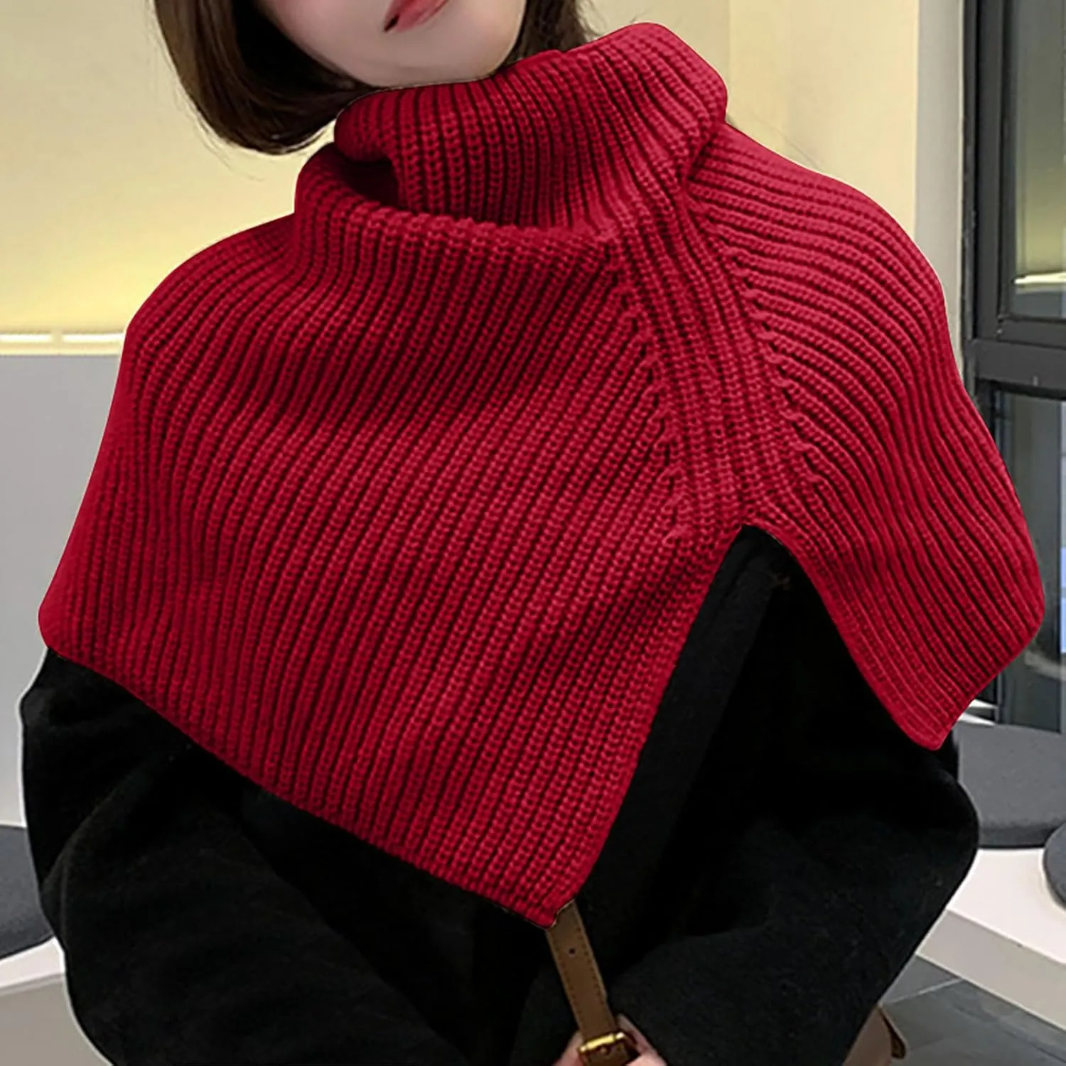 JOAU Women's Turtleneck Poncho Cloak Short Style Asymmetric Knitted Solid Color Slit Wrap Shawl Scarf for Holiday Travel