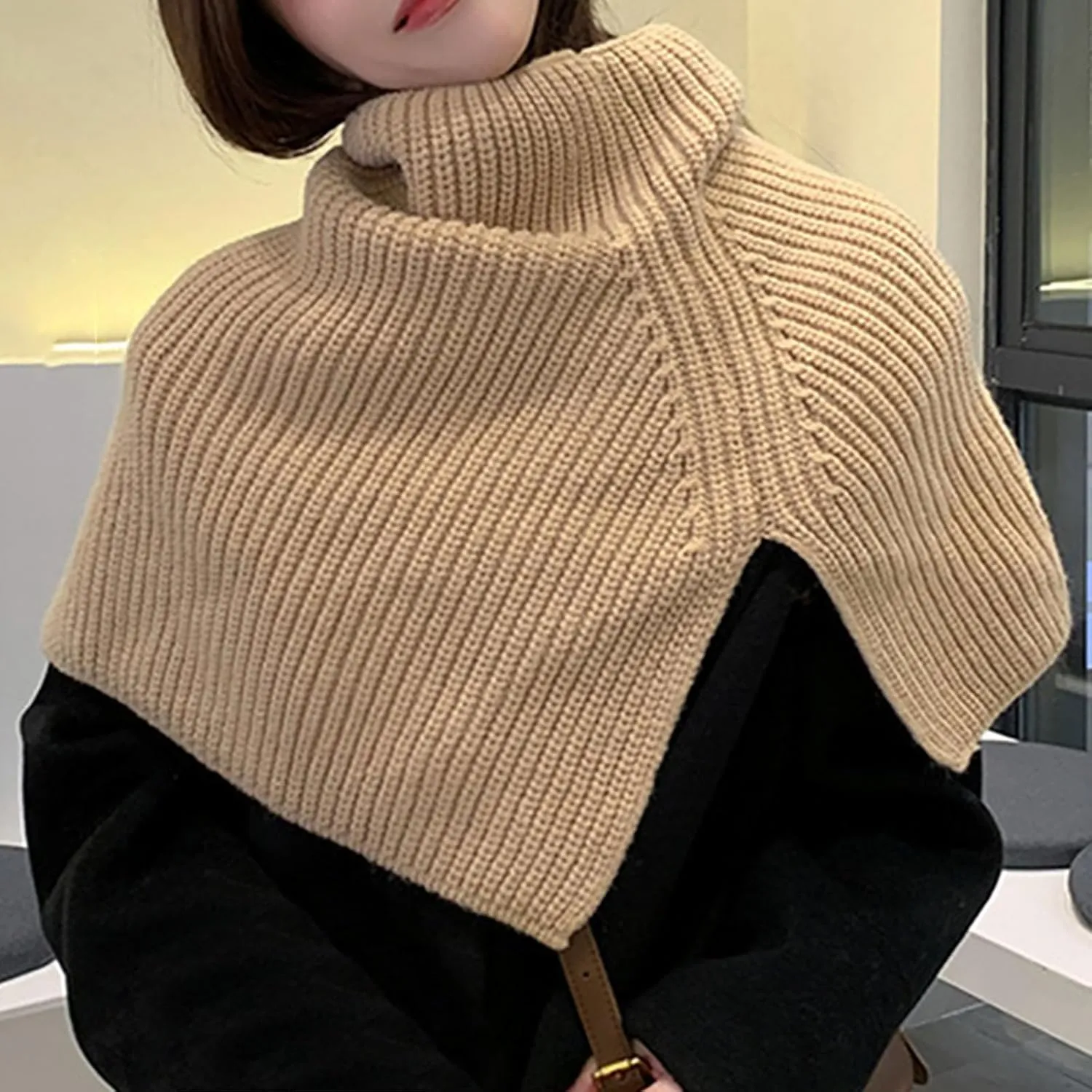 JOAU Women's Turtleneck Poncho Cloak Short Style Asymmetric Knitted Solid Color Slit Wrap Shawl Scarf for Holiday Travel