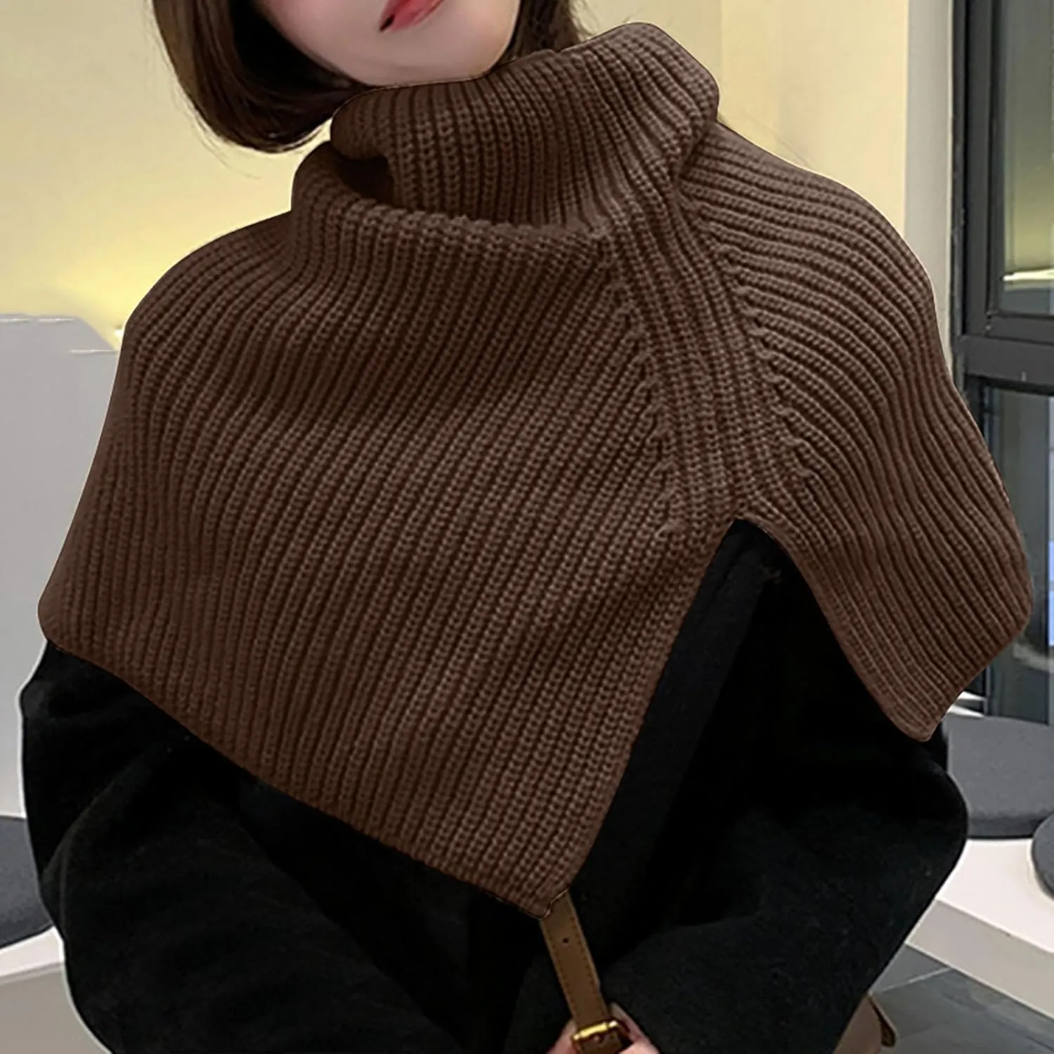 JOAU Women's Turtleneck Poncho Cloak Short Style Asymmetric Knitted Solid Color Slit Wrap Shawl Scarf for Holiday Travel